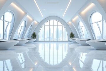 Poster - Modern, White, Arched Interior with City View and Reflective Floor