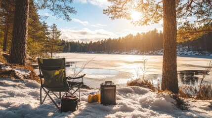 Poster - A green chair is sitting on the snow next to a lake