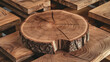 © JamesTeo - A rustic wooden slice, showcasing the intricate grain patterns and weathered bark of a walnut tree, rests atop weathered wooden planks in a carpenter's workshop. Ideal for natural and earthy design pr