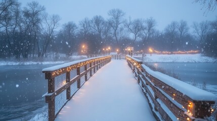 Poster - Snow-Covered Wooden Bridge with String Lights in a Snowy Forest