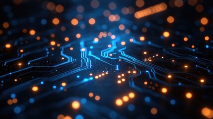 Poster - Glowing Blue Circuit Board with Orange Lights