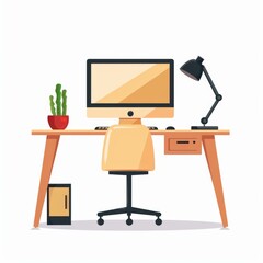 Poster - Comfortable and productive workspace featuring a computer, lamp, plant, and chair, perfect for freelancers or remote work