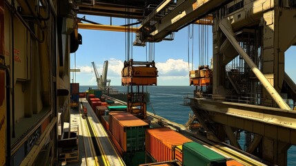 Poster - Container Ship Cargo Operation: Cranes and Shipping Containers at a Busy Port
