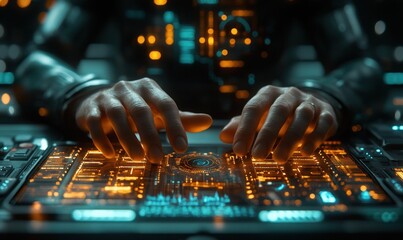 Poster - Close-up of Hands Interacting with a Futuristic Interface