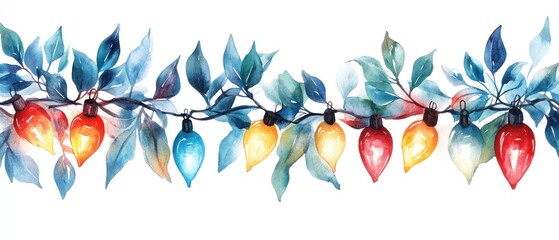 Poster - Watercolor Painting of Colorful Lights on a Branch with Blue Leaves