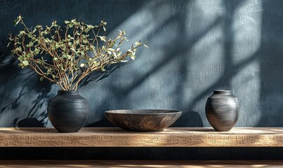 Poster - Black Vases, Wooden Bowl, and Green Branches on a Wooden Shelf