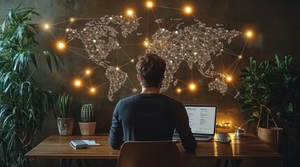 Aufkleber - A Man Working on a Laptop in a Cozy Room with a World Map and Lights.