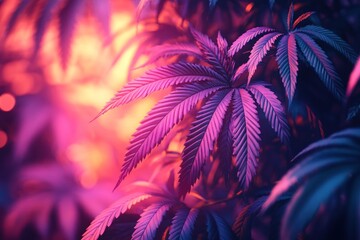 Poster - Vibrant Pink and Blue Cannabis Leaves in Close-Up