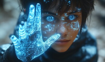 Fototapete - Futuristic Woman with a Glowing Digital Hand and Data Overlays