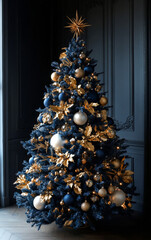 Blue and gold modern Christmas tree. A beautifully decorated Christmas tree with blue and gold ornaments stands in a cozy corner of a stylish room.