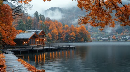 Poster - A Cabin Nestled Among Autumnal Foliage on a Misty Lake