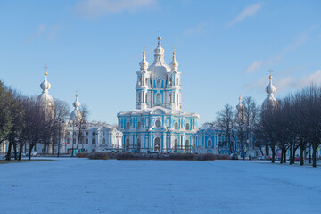 Wall Mural - Smolny Cathedral (Cathedral of the Resurrection of Christ) in November landscape, Saint Petersburg