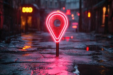 Poster - Neon Pink Location Pin in Rainy City Street