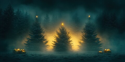 Poster - Three Luminous Christmas Trees in a Foggy Forest at Night