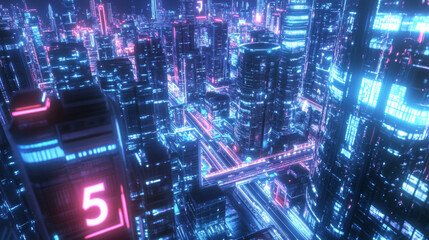 Poster - The image shows a futuristic city with super-fast internet, represented by the 5G symbol.  It highlights the idea of advanced communication technology.