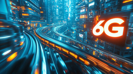 Poster - The image shows a futuristic city with super-fast internet, represented by the 5G symbol.  It highlights the idea of advanced communication technology.