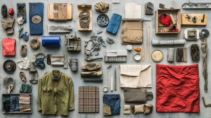 Fototapete - A diverse collection of recycled and upcycled items showcases creativity and sustainability, highlighting various textures and forms neatly organized. Generative AI