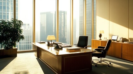 Aufkleber - Sunlit Executive Office with City View and Modern Furniture
