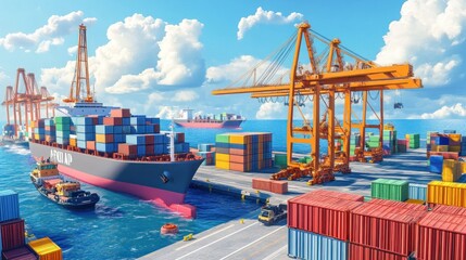 Poster - Container Ship Docking at a Busy Port with Large Cranes under a Sunny Sky