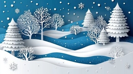 Poster - Papercut Winter Landscape with Snow-Covered Trees and Blue Sky