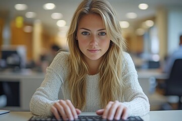 Poster - A Blonde Woman Typing on a Keyboard in an Office Setting
