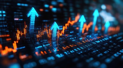 Poster - Illuminated Blue Upward Arrows on a Digital Grid with Orange Lines