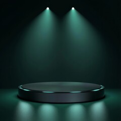 Poster - A sleek, circular platform with spotlights shines on a dark green backdrop. This modern design is perfect for showcasing products, awards, or presentations in a dramatic and stylish way.
