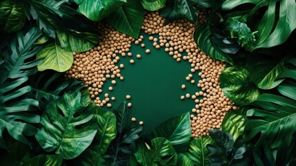 Poster - Soybeans are artistically placed on a rich green surface among a variety of tropical leaves creating a striking natural backdrop. Generative AI