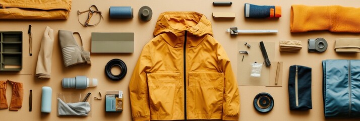 Aufkleber - A collection of uniquely designed recycled and upcycled items features a bright yellow jacket on a soft beige surface, promoting sustainability. Generative AI