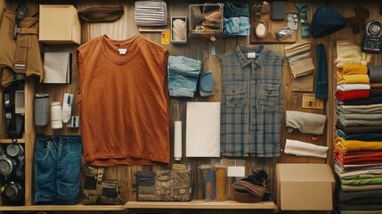 Aufkleber - Colorful recycled clothing and accessories are systematically organized on a wooden surface for an upcycling initiative promoting sustainability. Generative AI