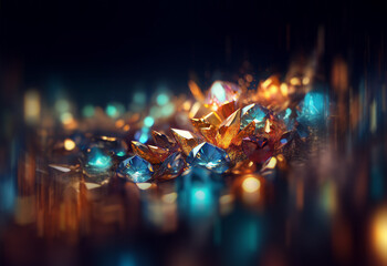 Poster - Luminous, multifaceted crystals shimmer in deep blues, golds, and ambers.  A breathtaking cluster of gems, glowing with an inner light, forms a captivating scene.