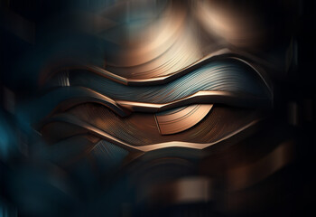 Poster - Abstract metallic artwork featuring swirling, bronze and teal colored, layered shapes.  The image evokes a sense of depth and mystery.