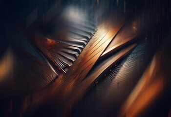 Poster - Intricate wooden organ pipes bathed in dramatic, warm light.  A close-up view reveals the complex mechanics and textures of the instrument.  The dark background emphasizes the glowing wood.