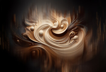 Poster - Swirling, abstract artwork in beige and brown tones.  Fluid forms create a dynamic, almost three-dimensional effect against a dark background. The image evokes feelings of movement and fluidity.