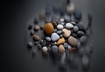 Poster - A cluster of smooth, colorful stones rests on a dark surface.  The stones vary in size and shade, with a prominent orange-brown stone near the center. The background is blurred, creating a soft focus 