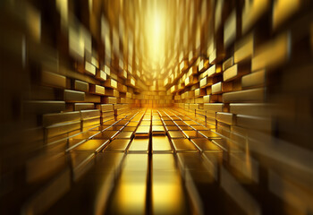 Aufkleber - A dazzling perspective down a tunnel of gleaming gold blocks, the light at the end creating a radiant, almost ethereal effect.  The walls are made of rectangular, shimmering gold bricks.