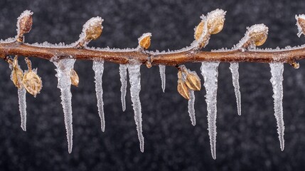 Poster - Icicles Hanging from a Frosted Branch with Dried Leaves