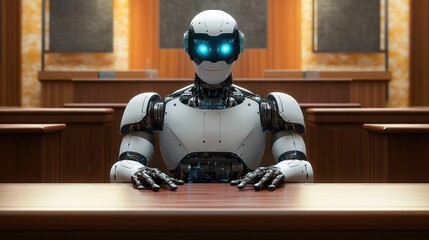 Poster - Futuristic Robot Sitting at a Wooden Courtroom Table in a Modern Judicial Setting with Dim Lighting and Glowing Blue Eyes
