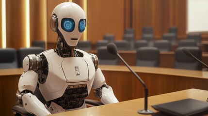 Poster - A Futuristic Robot Sitting in a Courtroom, Representing Advanced Technology and AI in Legal Systems, Emphasizing Ethics and Justice in Modern Society