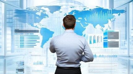 Poster - Professional businessperson analyzing global data with advanced technology in a modern office environment, showcasing charts, graphs, and a world map interface