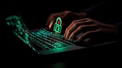 Poster - Hands Typing on a Laptop Keyboard with a Green Digital Lock Symbol, Representing Cyber Security, Privacy Protection, and Online Safety in a Dark Environment