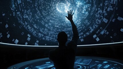 Poster - Futuristic Technology Exploration: A Person Interacting with a Digital Interface in a Sci-Fi Environment Surrounded by Holographic Data and Cosmic Imagery