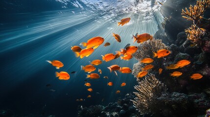 Wall Mural - A School of Orange Fish Swimming Through Sunbeams in a Coral Reef