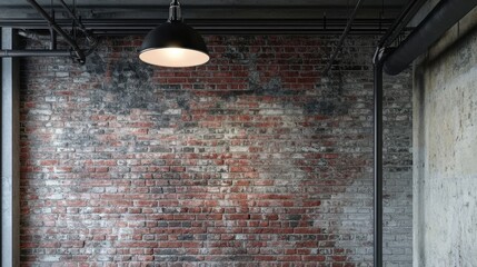 Poster - Rustic Industrial Interior with Exposed Brick Wall and Modern Lighting Fixture in Urban Space for Creative or Commercial Use