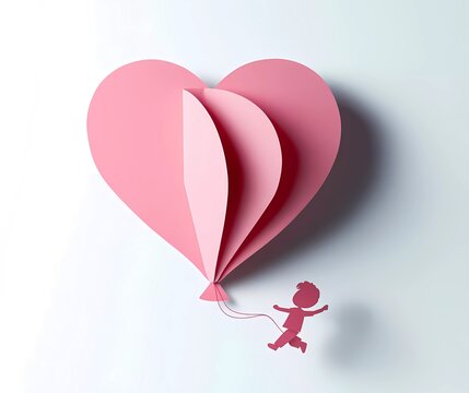 Paper art style of a pink heart-shaped balloon with a little boy flying on a white background, showcasing minimalism and cuteness