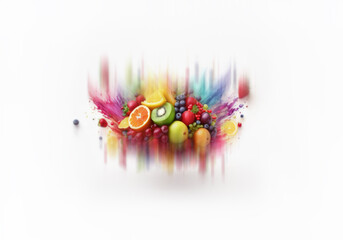 Poster - An assortment of colorful fruits arranged on a white background with a rainbow splash of color behind them.