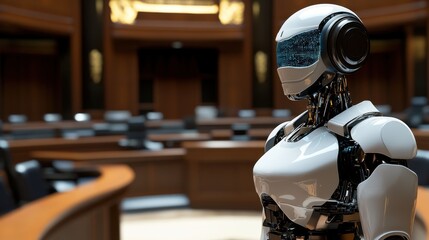 Poster - Advanced humanoid robot standing in a modern courtroom, showcasing cutting-edge technology and artificial intelligence integration in judicial settings