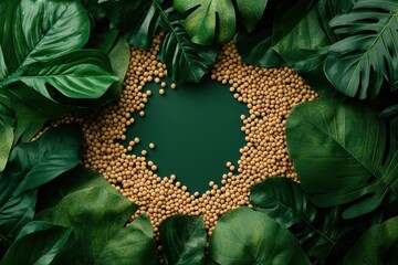 Poster - Soybeans are spread across a green surface, framed by rich, tropical foliage in an inviting, natural atmosphere. Generative AI
