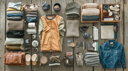 Aufkleber - A colorful array of recycled clothing and everyday items is artistically laid out on a wooden backdrop, promoting sustainable choices. Generative AI