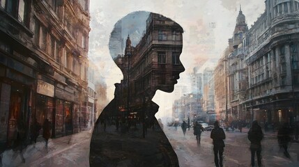 Poster - Urban reflection silhouette portrait city street double exposure art busy environment side view identity exploration